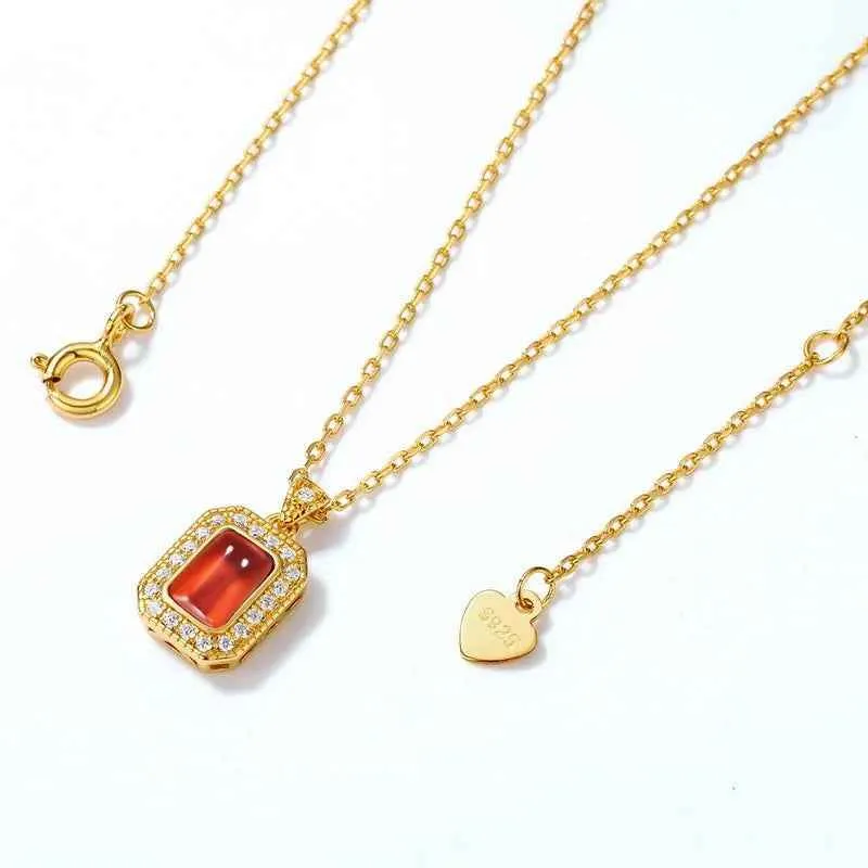 925 Sterling Silver Pendant Necklace Charm Jewelry - Rectangle Red Agate Stone - Xm272-N