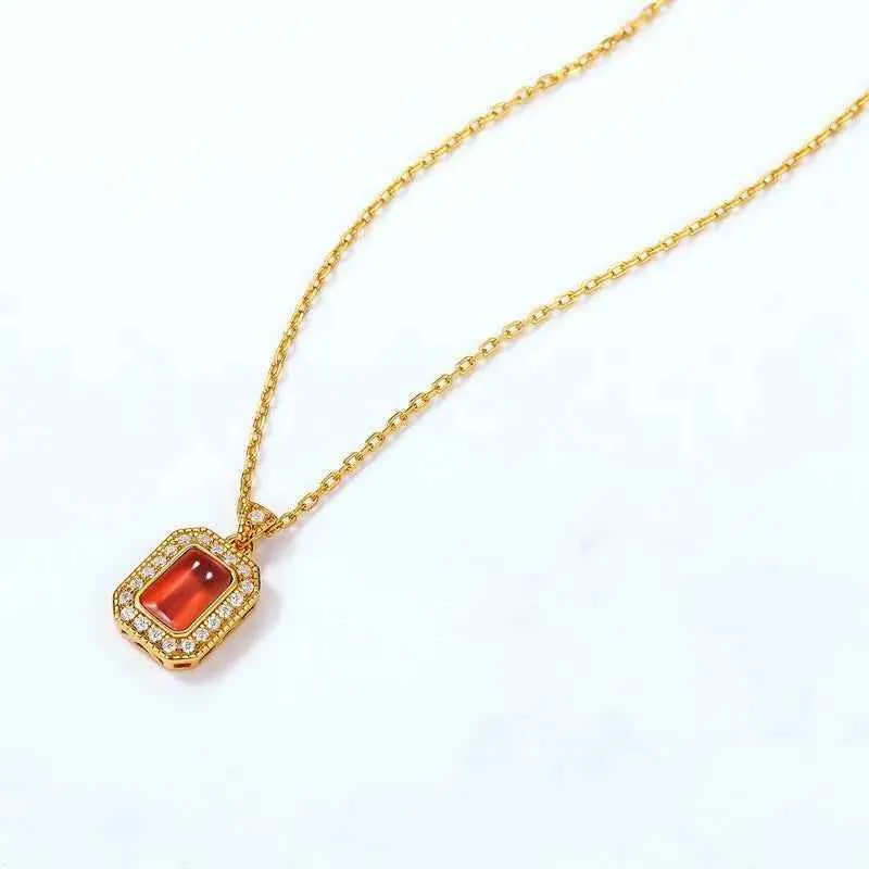 925 Sterling Silver Pendant Necklace Charm Jewelry - Rectangle Red Agate Stone - Xm272-N