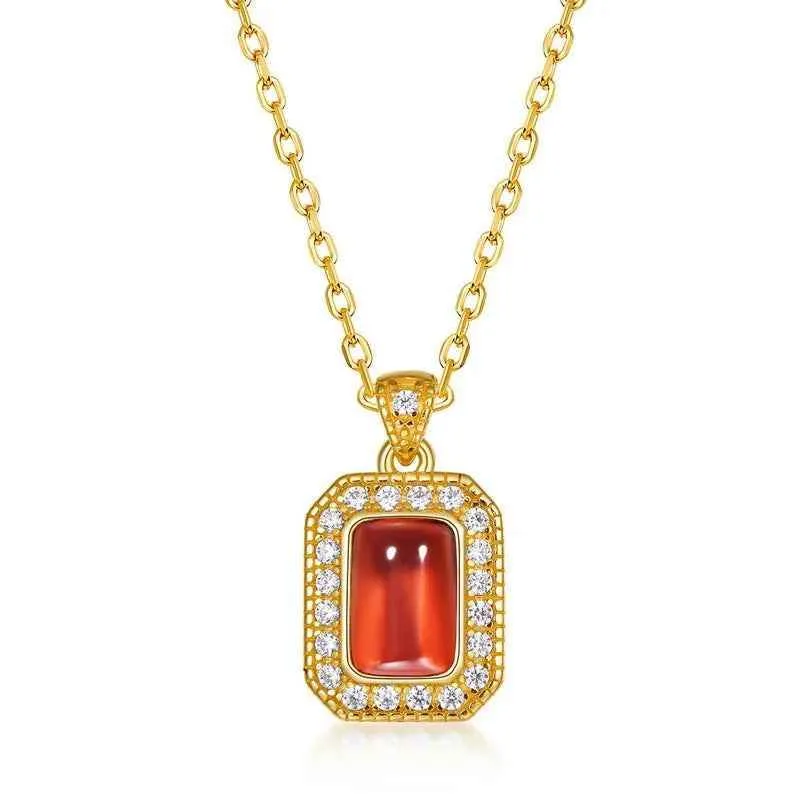 925 Sterling Silver Pendant Necklace Charm Jewelry - Rectangle Red Agate Stone - Xm272-N