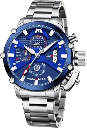 MEGALITH Men's Watch 45mm Stainless Steel Chronograph Waterproof Analog Quartz Date Heavy Duty Watches for Men Metal Luminous Multifunctional Cool Designer Gents Wrist Watches