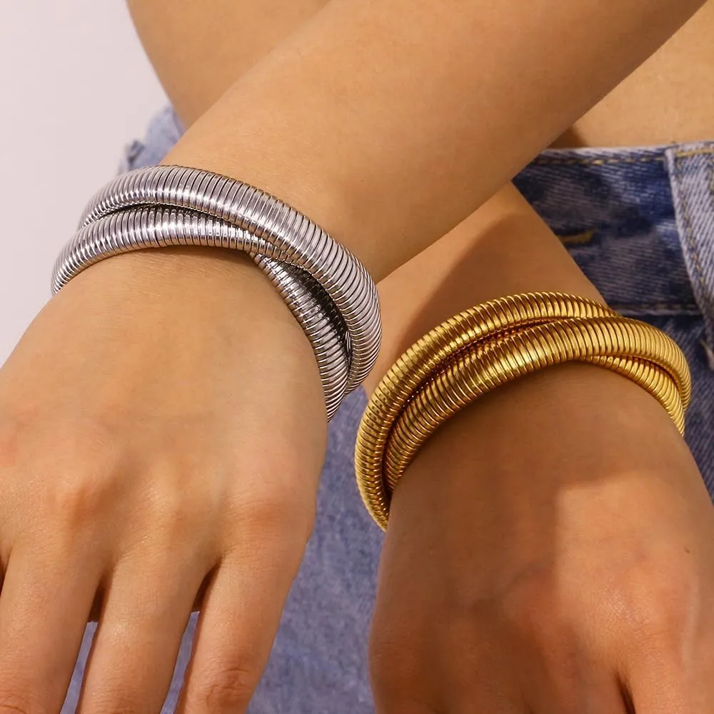 Salircon Gold Bangle Bracelets Set Stackable Gold Stretch Bracelets for Women 2024 Trendy Snake Chunky Gold Bracelet