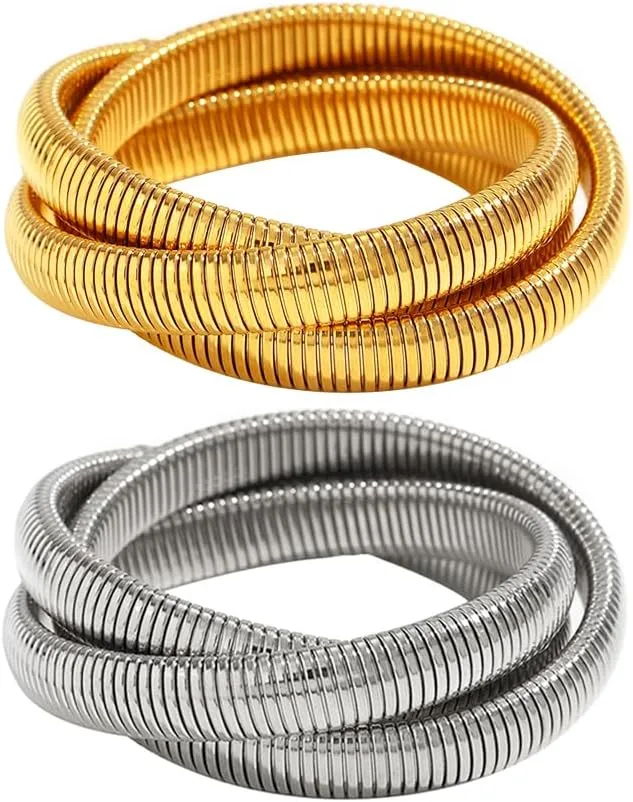 Salircon Gold Bangle Bracelets Set Stackable Gold Stretch Bracelets for Women 2024 Trendy Snake Chunky Gold Bracelet