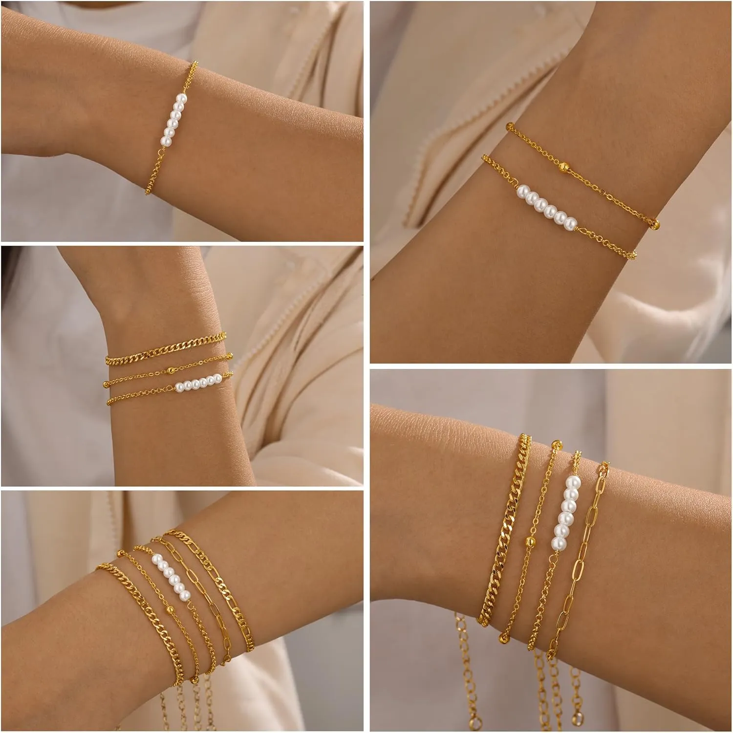 Turandoss Gold Bracelets for Women Trendy - 18K Real Gold Plated Chain Bracelets Gold Jewelry Sets for Women Dainty Stackable Cuban Beaded Paperclip Link Chain Pearl Bracelets Gold Bracelets for Women