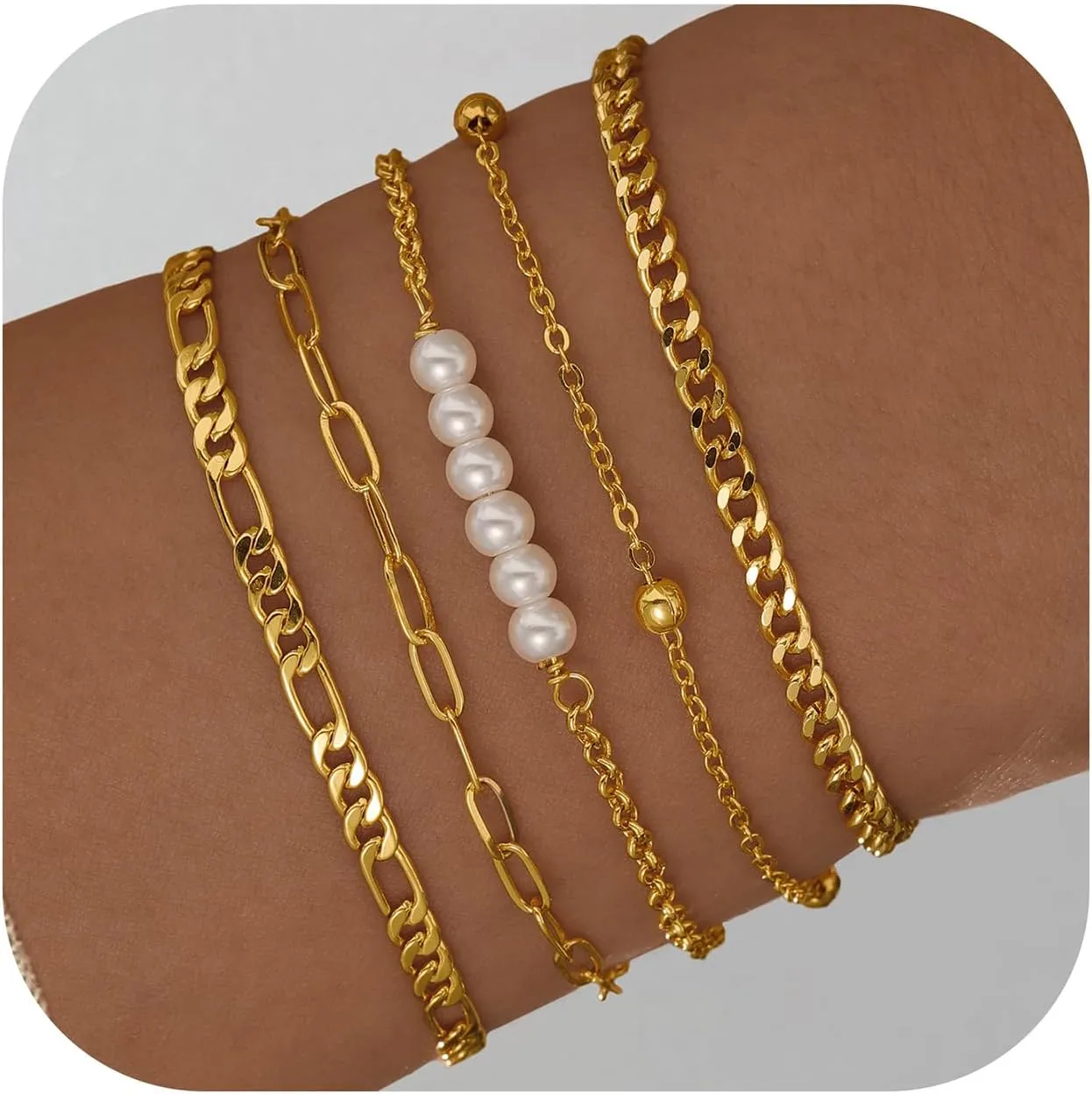 Turandoss Gold Bracelets for Women Trendy - 18K Real Gold Plated Chain Bracelets Gold Jewelry Sets for Women Dainty Stackable Cuban Beaded Paperclip Link Chain Pearl Bracelets Gold Bracelets for Women