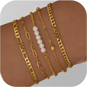Turandoss Gold Bracelets for Women Trendy - 18K Real Gold Plated Chain Bracelets Gold Jewelry Sets for Women Dainty Stackable Cuban Beaded Paperclip Link Chain Pearl Bracelets Gold Bracelets for Women