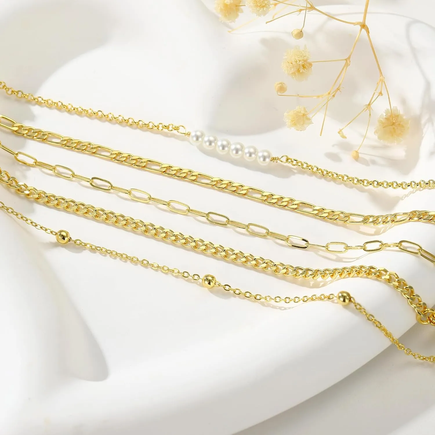 Turandoss Gold Bracelets for Women Trendy - 18K Real Gold Plated Chain Bracelets Gold Jewelry Sets for Women Dainty Stackable Cuban Beaded Paperclip Link Chain Pearl Bracelets Gold Bracelets for Women